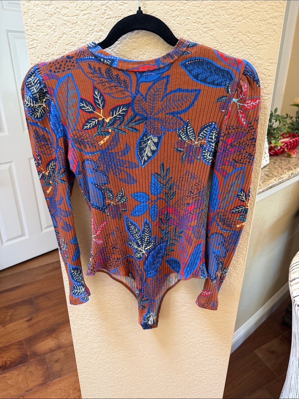 FARM Rio Rust Floral Ribbed Long-Sleeve Bodysuit with Blue Accents